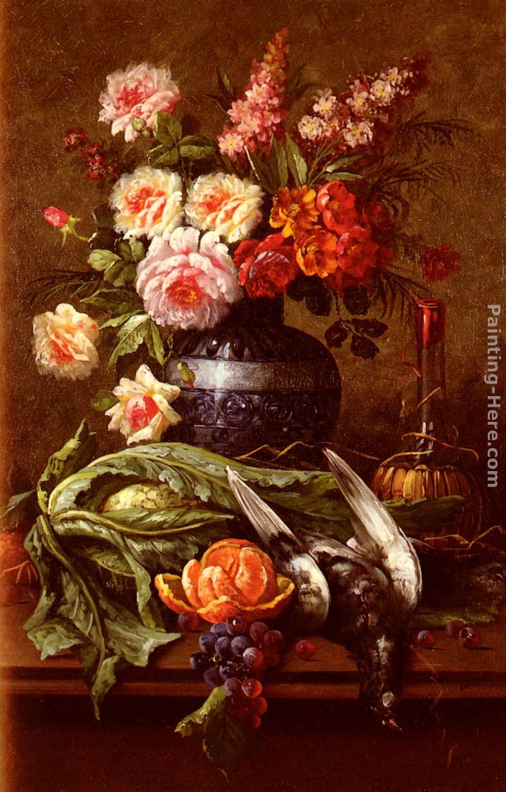 Nature Morte Aux Fleurs Et A L'Orange painting - Modeste Carlier Nature Morte Aux Fleurs Et A L'Orange art painting